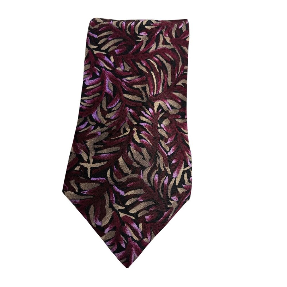 Mens Saia Silk Tie With Abstract Leaf Print In Burgundy Purple & Beige